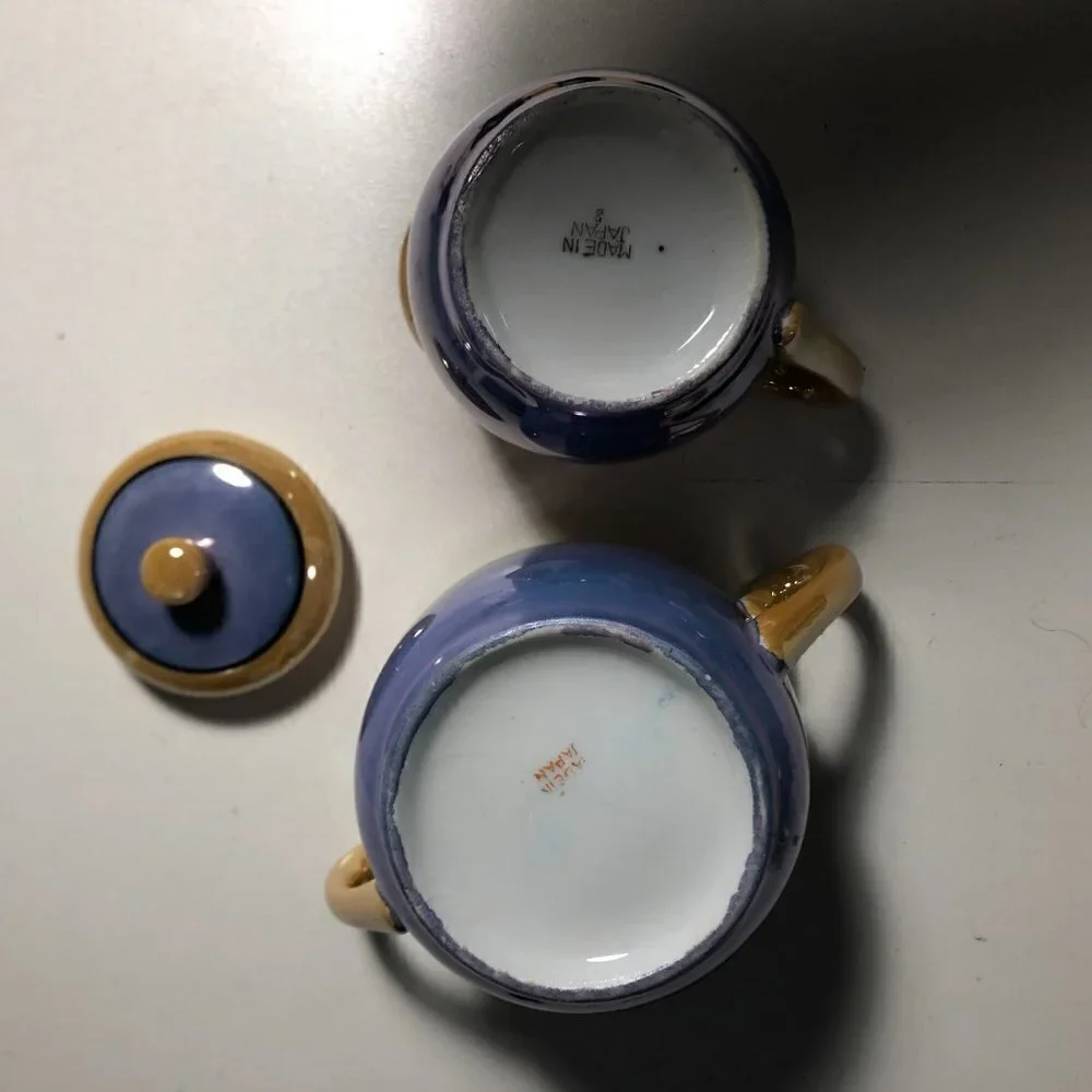 Blue Lusterware? - Creamer & Sugar Set - Floral - Made in Japan #83